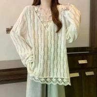 ราคา Autumn Plus Size Long Sleeve V-Neck Off Shoulder Sweet Style Women's Lace Blouse Mid-Length (1733082418244781825)