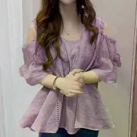 ราคา Spring Summer New Fashion Off-Shoulder Loose Plus Size Stylish Blouse Youthful Casual Versatile Slimming Shirt Top (1733839146780296833)