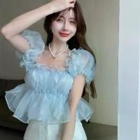 ราคา 2026 popular women's clothing: sweet off-shoulder top, 2025 new summer style for hot girls, slimming French puff sleeve off-shoulder short-sleeve chiffon blouse, women's fashion outfit (17346475509200