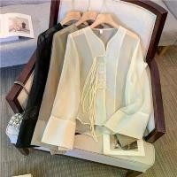 ราคา Chinese Style V-Neck Split Sleeve Blouse Women Satin High Button Chinese Style Elegant Women's Clothing National Style Classic Chiffon Blouse Sun protection blouse (1734299352742200896)