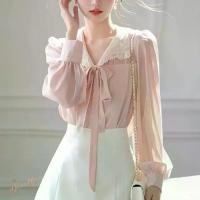 ราคา BTB564 - Pink lace collar blouse เสื้อแขนยาวคอปกลูกไม้สีชมพู (1733492810460267838)