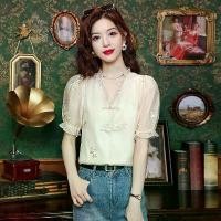 ราคา Chiffon short-sleeve women's summer new blouse, unique and elegant embroidered puff sleeve top (1734347551033623661)