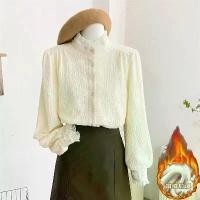 ราคา Autumn Winter Thickened Lace Trim Stand Collar Long Sleeve Shirt for Women Elegant Chiffon Blouse Inner Layer Stylish Small Shirt (1733165396613105237)