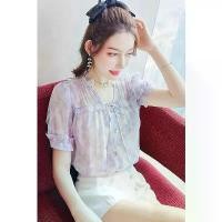 ราคา Lotus leaf collar floral chiffon blouse for women, short-sleeved summer new style, V-neck ruffled edge top, slimming blouse (1734383985332290669)