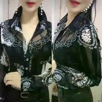 ราคา Loose Printed Long Sleeve Fashion Chiffon Lace High-end Elegant Blouse Floral Base Shirt for Women (1733734584404182391)