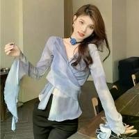 ราคา Plus Size Gradient Tie-Dye Ruffled Ribbon Flared Sleeve Shirt V-Neck 2024 Autumn Long Sleeve Chiffon Blouse (1733735036024817015)