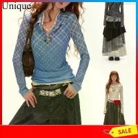 ราคา Autumn Gradient Checkered Print Long Sleeve Shirt New Style Slim Fit High-end Inner Mesh Shirt Women's Blouse (1732999344501327205)