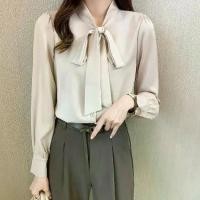 ราคา 2025 Spring and Autumn New Bow Tie Chiffon Blouse Women Long Sleeve Loose Draped Elegant Solid Color Versatile Top Women (1733867855271003454)