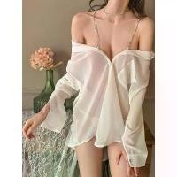ราคา Plus Size Chain Strap Chiffon Off-Shoulder Blouse for Women, Loose Fit, Sexy Slimming Sheer Dress Two-Piece Outfit (1733847731410863359)