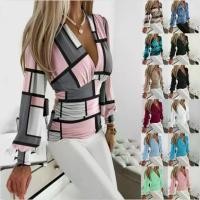 ราคา 2025 Independent Station Wish Hot Item Autumn Long Sleeve Fashion V-neck Printed Women's Shirt Blouse Women's Autumn (1733467243507254485)