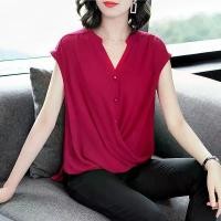 ราคา V-Neck Chiffon Blouse for Women, Summer Tummy-Covering Top, Short Sleeve, Stylish Loose Fit, Elegant Sleeveless, Slimming, Solid Color, Plus Size (1733825136711599479)