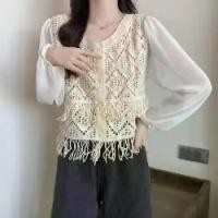 ราคา Retro-inspired fringe-trim chiffon shirt for women Spring/Summer new design Lace-up knit top with cutout details Sun-protective lightweight blouse (1734374127061272340)