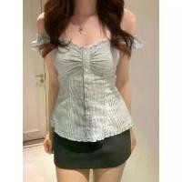 ราคา 2026 French V-neck Beautiful Blouse Sweet Ruffle Striped Short Sleeve Shirt Slim Fit Top Hot Girl Fashion Trend (1734020542994023725)