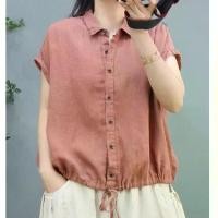 ราคา Cotton Linen Blouse, for Women, Vintage Summer Style, Casual and Versatile, Drawstring Hem, Short Sleeve, Loose Fit, Tummy Covering, Middle-aged Mom Fashion, Comfortable Women's Clothing (173406354611