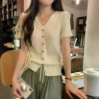 ราคา High Class V Neck Buttoned Knitted Blouse Women Summer Short Sleeve Short Hem Split Unique Design T Shirt (1734459905251509483)