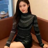 ราคา European-Style Spring Designer Half-High Neck T-Shirt for Women High Quality Full-Coverage Rhinestone Embroidery Long-Sleeve Top Fashion Blouse (1734031143894222683)