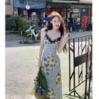 ราคา [Audrey] Oil Painting Heavy Stitching Lace Waist-Cinching Printed Mesh Dress for Women Slimming Long Dress (1734293254605997115)