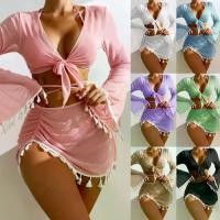 ราคา 2026 New European and American Conservative Four-Piece Set Solid Color Tassel Cover-Up Mesh Short Skirt Bikini Swimsuit for Women (1734614394568083338)