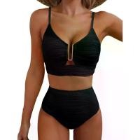 ราคา 2025 European and American Cross-Border New Bikini V-Neck Hollow Out Swimsuit High Waist Textured Ruched Swimsuit Women Bikini (1734180687788803963)