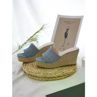 ราคา 2026 Denim Slippers for Women New Summer Outdoor Japanese Style High Heel Straw Wedge Slippers One-Strap Sweet (1734221205952103588)