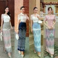 ราคา พร้อมส่งชุดเซทผ้าไทย ชุดไทย ใส่ทำบุญ เสื้อ+กระโปรง ผ้าถุงสำเร็จรูป (1734707335634650532)