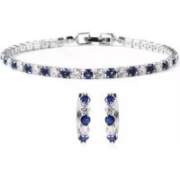 ราคา CZ Tennis Bracelets for Women & Cubic Zirconia Earrings Set - Lab Created Blue Sapphire Cubic Zirconia Bracelet & Hoop Earrings - Costume Jewelry Sets for Women Christmas Gifts Size 7" (17345106343733