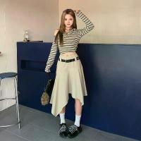 ราคา Spring New Arrivals: Apricot Gray Vintage Hot Girl High-Waisted Asymmetrical A-Line Long Skirt for Women with a Stylish Design (1734827388283553071)