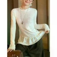 ราคา Apricot Ruffled Inner Layer Base Shirt T-Shirt for Women Autumn Winter 2025 Lace Trim Slim Fit Long Sleeve Top (1733311944281523315)