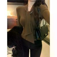 ราคา [DeRong] Lace-Up V-Neck Long Sleeve T-Shirt for Women French Style Elegant Slim Fit Design Top in Coffee and Apricot Colors (1733626603931731926)