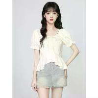 ราคา French Style Apricot Irregular Short Sleeve Shirt for Women 2025 Summer New Ruffled Puff Sleeve Off-Shoulder Top (1733920242426479971)