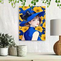 ราคา 1 ชิ้น ภาพวาดสีน้ำมันผู้หญิงสง่างามกับหมวกสีน้ำเงินและดอกทานตะวัน - สีน้ำเงินกรมท่าและสีเหลืองมัสตาร์ด ศิลปะตกแต่งผนังวินเทจสมัยใหม่ - พิมพ์บนผ้าใบกรอบไม้เนื้อแข็ง - ทนต่อการซีดจ (1734007545514001692)