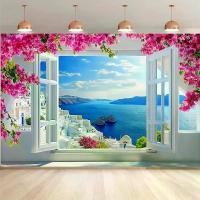 ราคา 2D Flat, 1 Piece Santorini Greece Window View Background - Pink Floral Greek Island Scenery with Aegean Sea and Cyclades Architecture - High-Quality Fabric Photo, Party Decoration, Home Wall (17340004