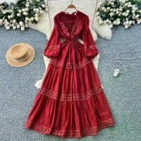 ราคา French vintage ladylike style embroidered lace patchwork dress for women, long-sleeved, waist-cinching, slimming, elegant and classy long dress (1734771786623911759)