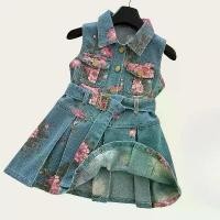 ราคา Kids Children 2 - 8 Y Baby Girls Sleeveless Floral Printed Denim Dress with Stylish Belted Design Fashion Summer Outfit (1734997720059446285)