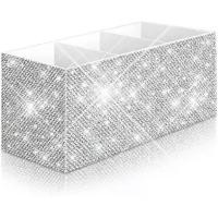 ราคา Bling Makeup Brush Holder Organizer, 3 Slot Sparkle Cosmetics Brushes Storage Holders with Shiny Rhinestones, Glitter Cute Pen and Pencil Holder for Desk, Eyeliners Display Case for Vanity(White) (173