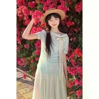 ราคา Lace bow green short-sleeve t-shirt for women, summer bohemian design, waist-cinching, slimming, stylish top (1735005208491296211)