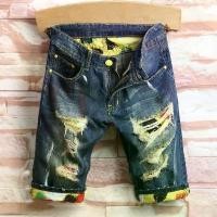 ราคา Plus Size 28-44 Men Denim Shorts Casual Fashion Vintage Summer Blue Printed Slim Loose Distressed Hole Ripped Elastic Knee Length Short Jean Pants Street Wear (1735399892062209864)