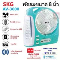 ราคา SKG รุ่น AV-3000 พัดลมชาร์จไฟ ขนาด 8 นิ้ว 6 in 1 พัดลม,ไฟฉาย LED ,วิทยุ FM,USB,แบตสำรอง,Bluetooth แบบพกพา (สีฟ้า) (1735258546642912368)
