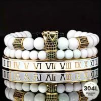 ราคา 3pcs/set Charm Cubic Synthetic Zirconia Crown Golden Color Bracelet Set, Men's White Enamel Roman Number 304L Stainless Steel Bangles Fashion Jewelry (1734322251151935407)
