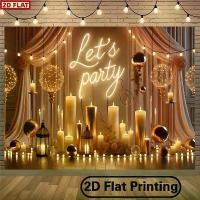 ราคา 2D Flat, 2D Flat - 2D Flat Banner, 1 Piece Holiday "Let's Party" Neon Color Inspired Background Banner - Elegant Gold and White Decorative Polyester Wall Hanging with Candle and Lantern Deco (17340605