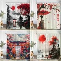 ราคา Samurai Geisha Japanese Style Ink Painting Shower Curtain Japan Shrine Red Sun Mountain River Pink Cherry Blossom Bath Curtain (1734926155444094154)