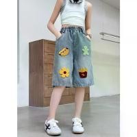 ราคา Girls' Summer Faux Denim Mid-Length Straight Leg Faux Denim with Embroidered Patches | Non-Stretch Fabric, Loose Fit, Floral Pattern, Perfect for Street Style (1734232959891310489)