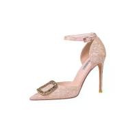 ราคา Blush Pink Stiletto Heels Ankle Strap Pumps with Crystal Buckle, Pointed Toe Wedding Party Heels, Plus Small Sizes 31-33 Available (1735472091952481826)