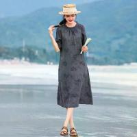 ราคา Original design, fashionable and high-end original linen women's clothing, summer Chinese-style floral pattern dress with lace round neck and mid-sleeves, 2026 new model, Chinese (1734931837996795040)