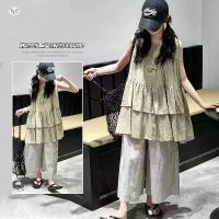 ราคา Girls' 2026 Summer New Linen-Look Patchwork Sleeveless Blouse Set with Casual Cropped Pants for Older Children (1735430958995244130)