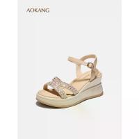 ราคา AOKANG Elegant Rhinestone Embellished Platform Wedge Sandals, Adjustable Ankle Strap Soft Sole Summer Sandals for Women (1735472362821027362)