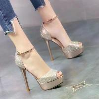 ราคา Thin-heeled rhinestone high-heeled sandals for women, new summer style, trendy one-strap buckle high-heeled shoes, versatile peep-toe platform women's shoes (1734660751673754649)