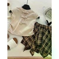 ราคา Girls' Spring/Summer Set: Fashionable Back Bow Short Sleeve T-Shirt with Irregular Plaid Skirt 2pcs Outfit (1735410652973007950)