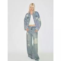 ราคา URBAN REVIVO High Waist Wide Leg Jeans with Floral Lace Applique Ripped Detail Straight Fit (1735265931293656757)