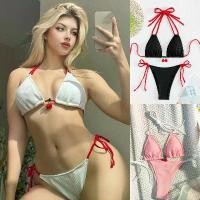 ราคา Two piece bikini 2 piece sexy bikini featuring a lovely Cherry pendant and a side tie on back #0346 (1735396427692279282)